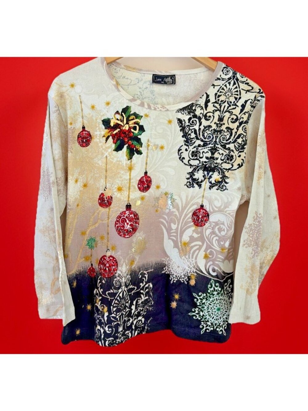 Vintage Jane Ashley Holiday Tee Shirt  Womens XLP Multicolor Ornaments Sequin